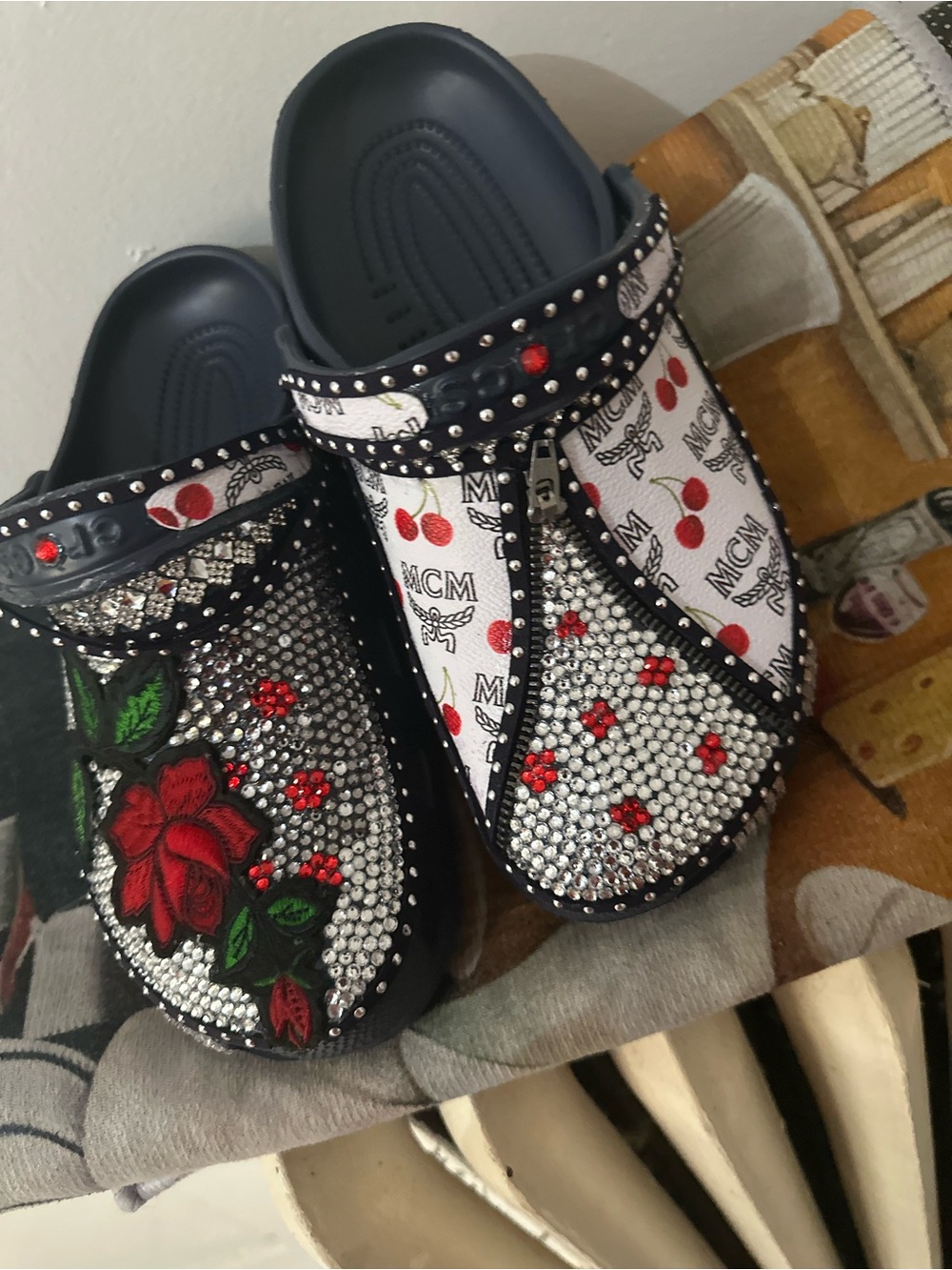 MCM Navy Slip-On Clogs with Red Rose Embroidery & Crystal Studs - Picture 2 of 2